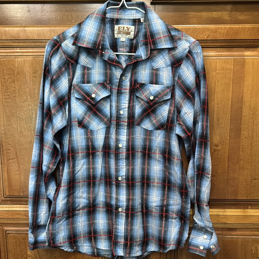 Ely Cattleman Casual Blue and Red Plaid Pearl Snap Shirt